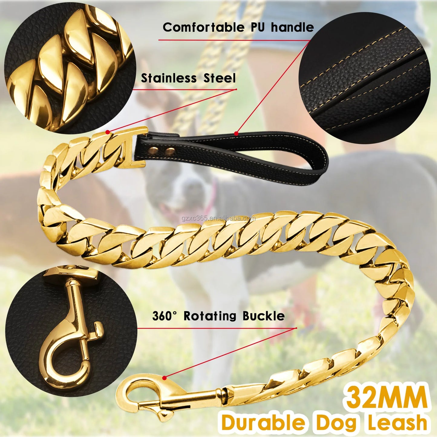 Stainless Steel Big Dog Chains Luxury 32MM Pet Hip Hop Leads Soild Chew Proof Cuban Dog Chain for Walking Training