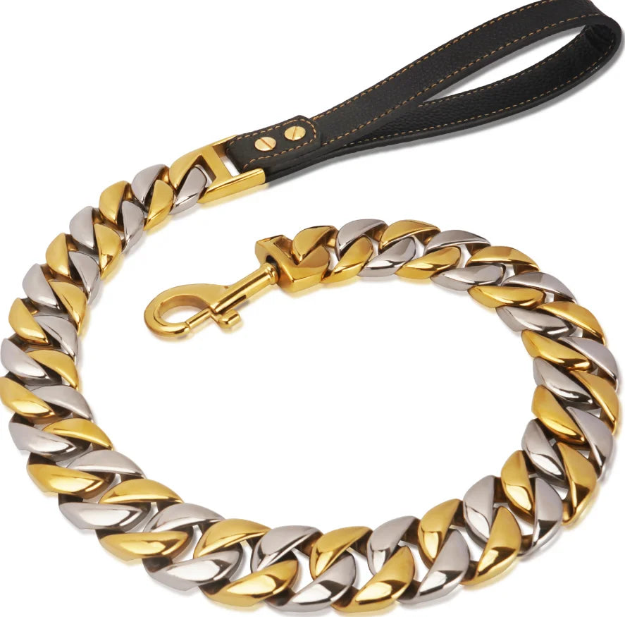 New Design 18K Gold Bully Dogs Doberman Cuban Link Chain High Quality Metal Gold Stainless Steel Three Color Dog Leash