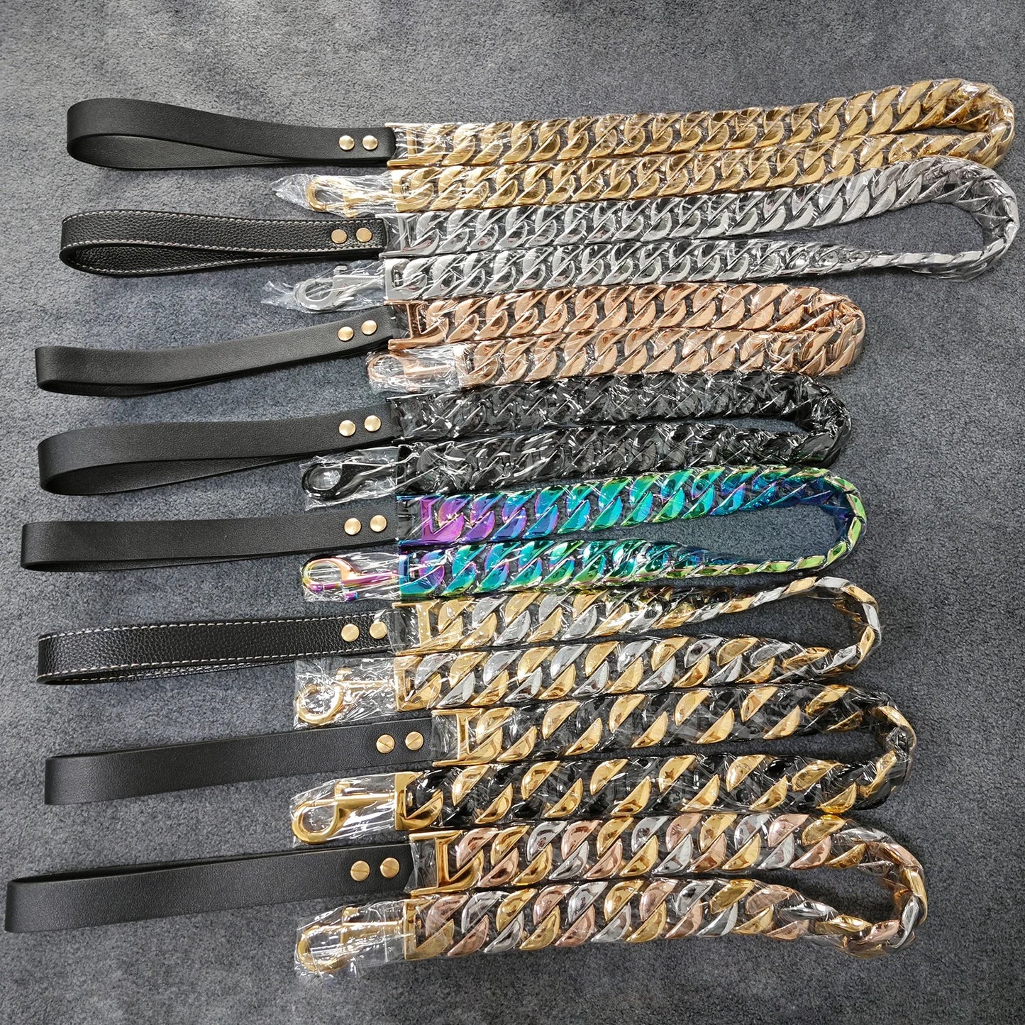 New Design 18K Gold Bully Dogs Doberman Cuban Link Chain High Quality Metal Gold Stainless Steel Three Color Dog Leash